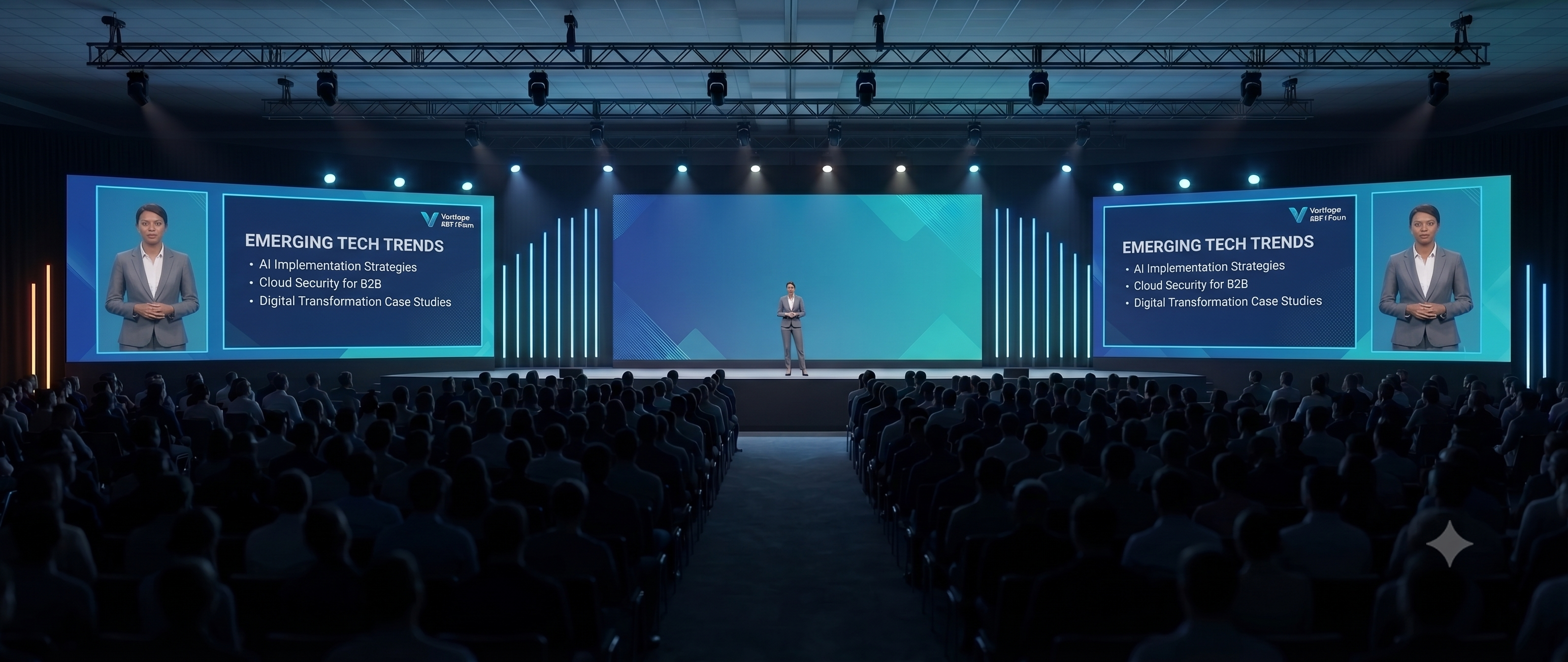 Conference mainstage showing IMAG and content feeds on flanking screens